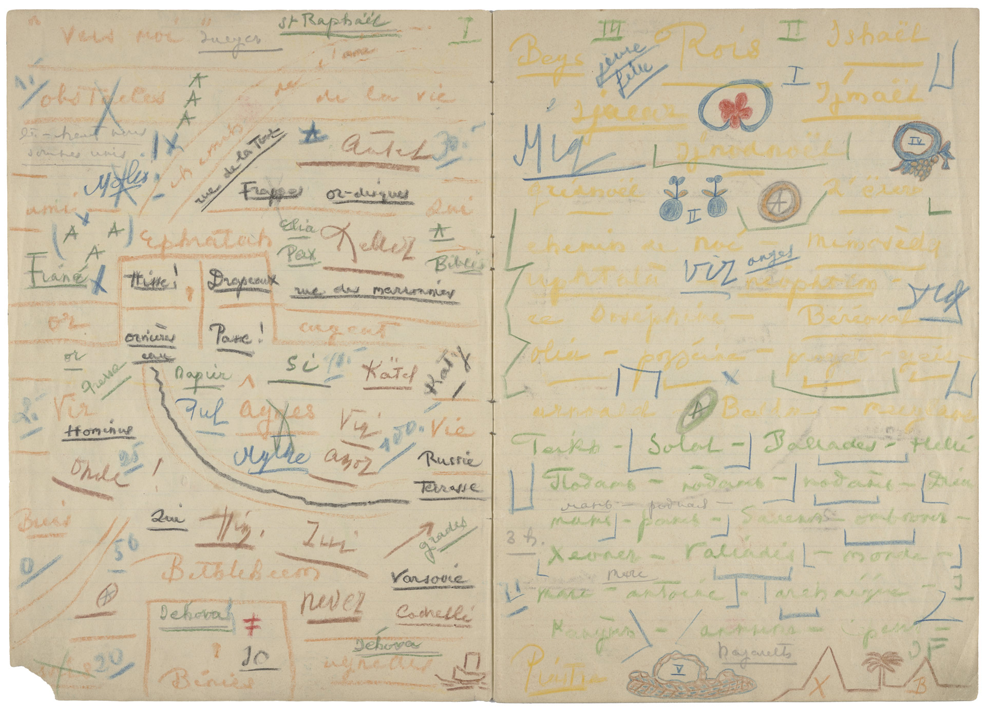 Mlle Schischkoff, sans titre, 1938, extrait d'un cahier, crayon de couleur et mine de plomb sur papier, Cab-15704, Collection de l'Art Brut de Lausanne, exposition Ecrits d'Art Brut, Fondation Jan Michalski pour l'écriture et la littérature, Montricher, Suisse, 2026, (c) Collection de l'Art Brut, (c) Fondation Jan Michalski, Boombartstic Art Magazine